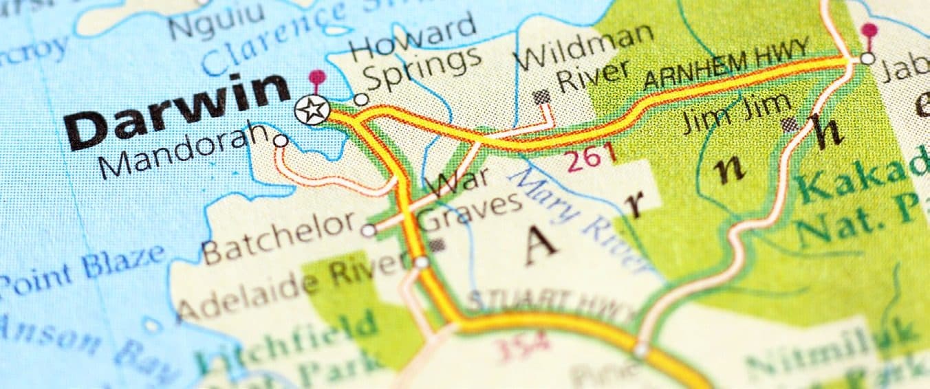 A printed map of Australia's Northern Territory centered on Darwin